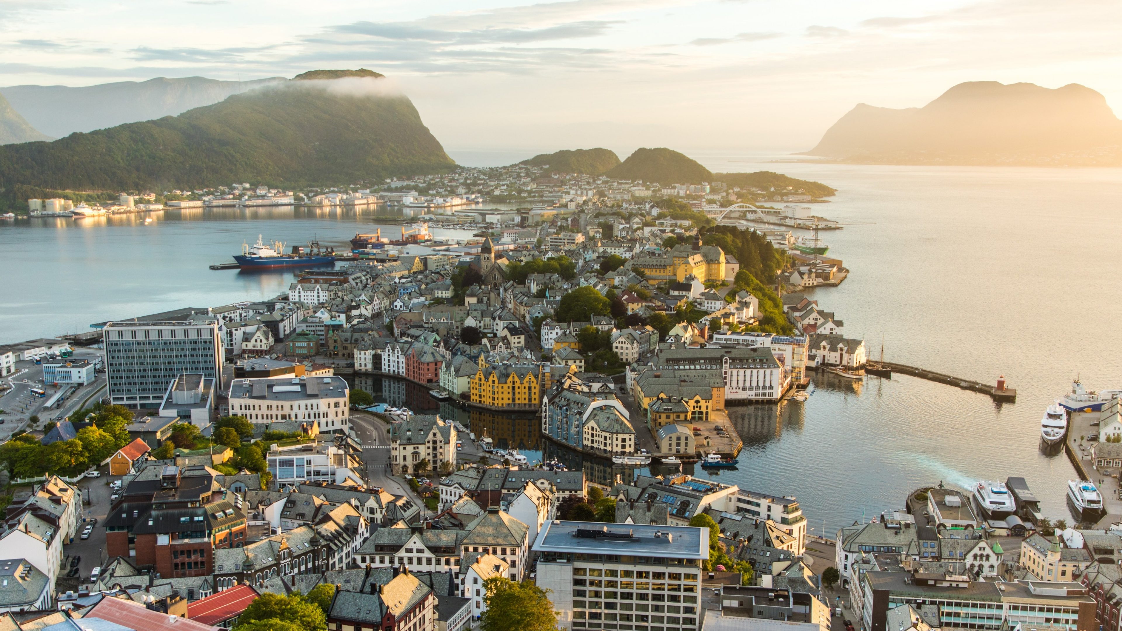 Cityscape of Alesund town at sunset, Norway