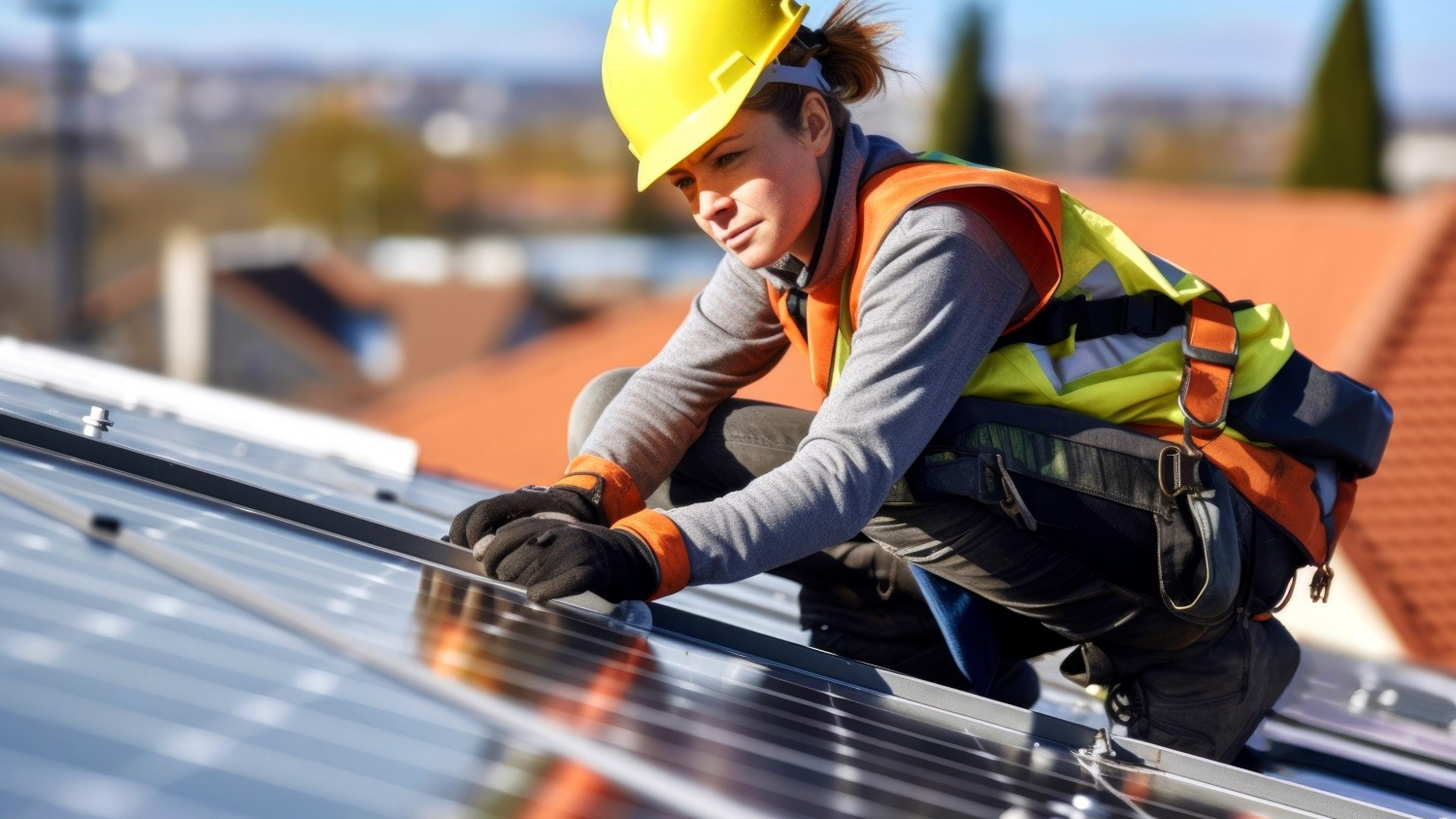 Installing solar panels on the roof of a modern house on a sunny day