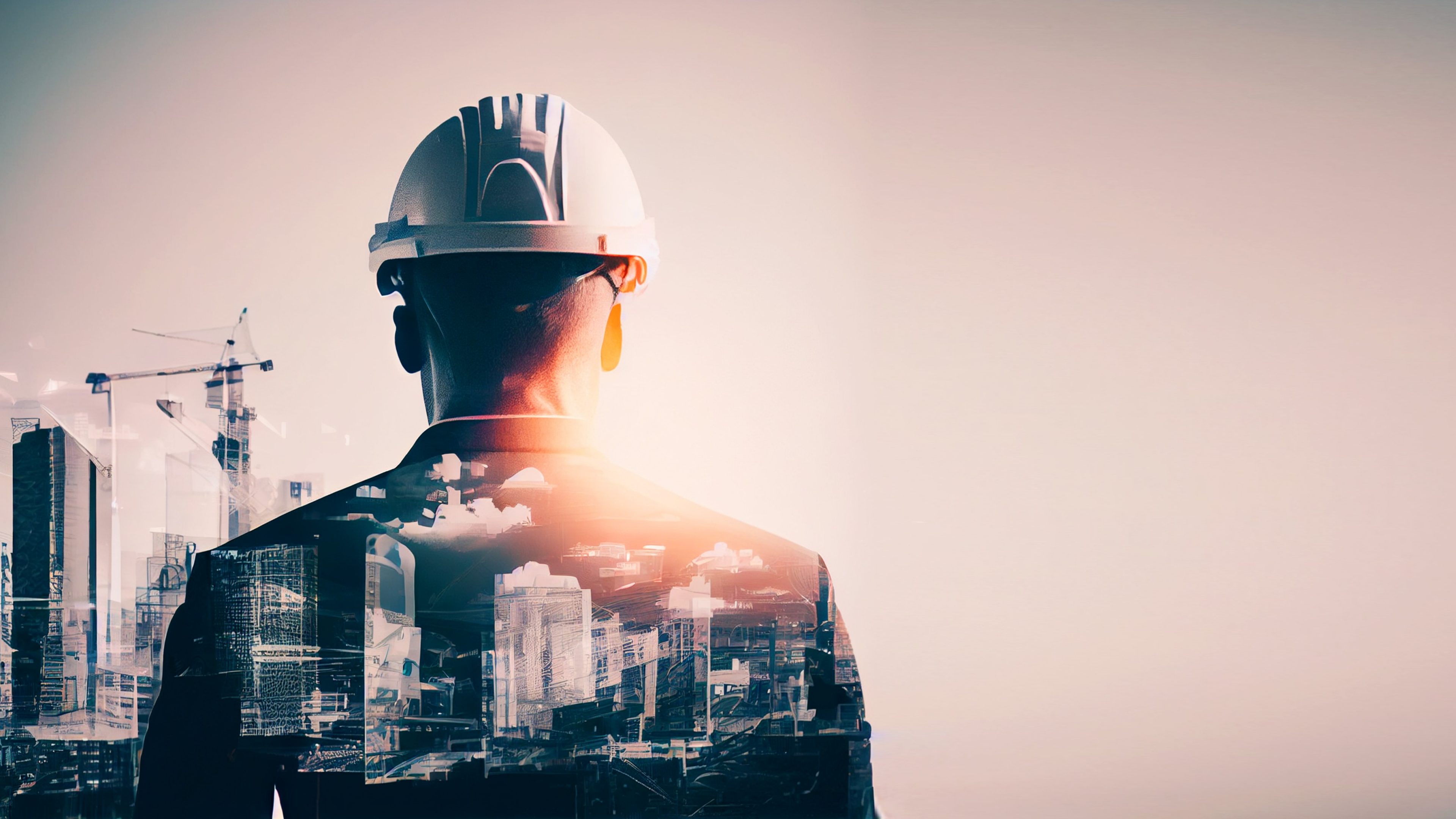 illustration digital building construction engineering with double exposure graphic design. Building engineers, architect people or construction workers working.Generative AI.