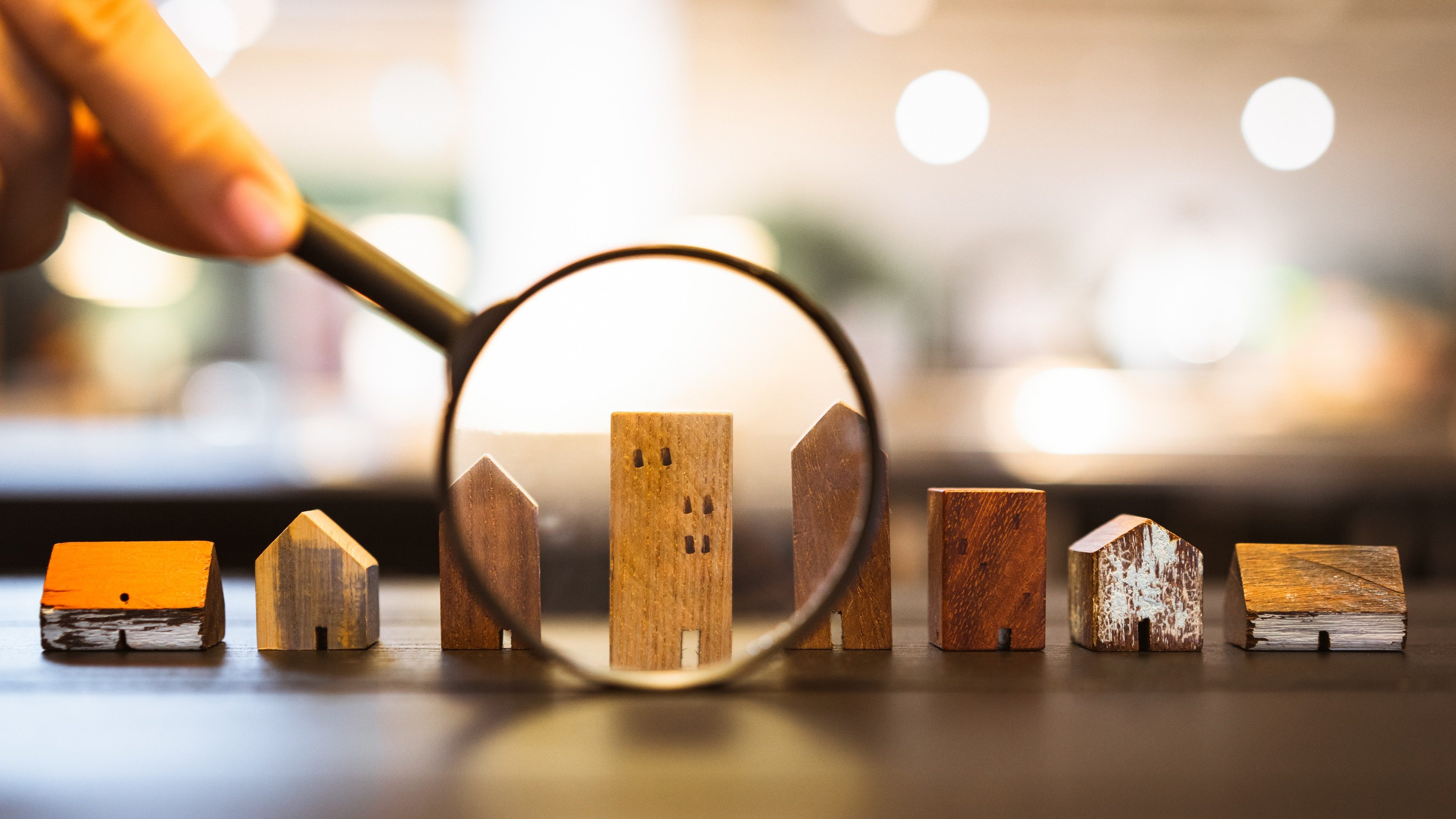 Hand holding magnifying glass and looking at house model, house selection, real estate concept.