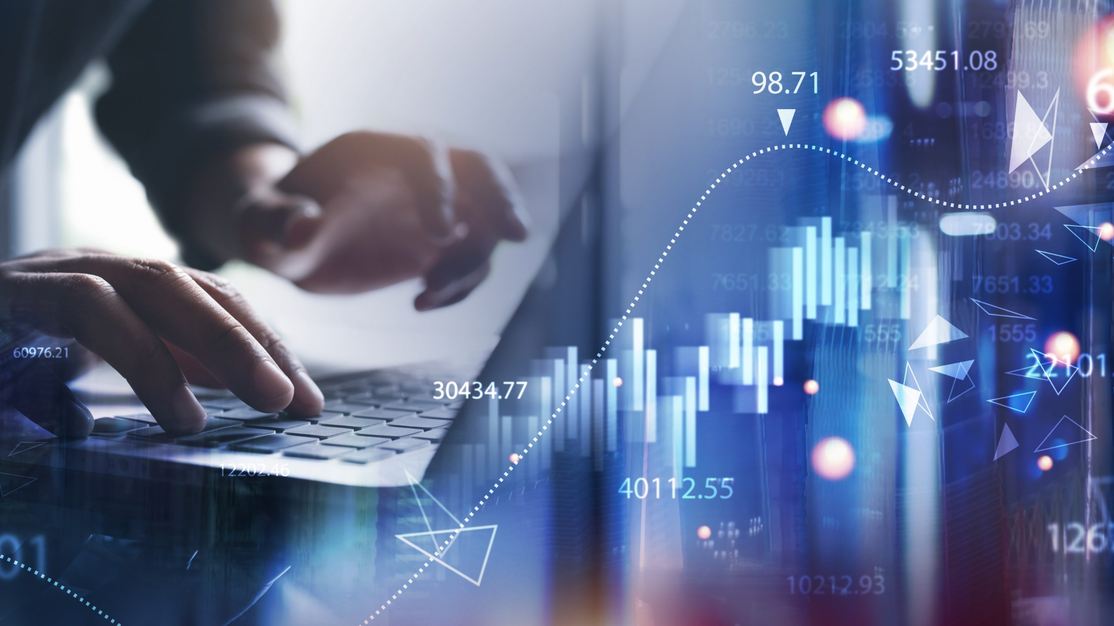 Digital technology, big data, business finance and investment with innovative futuristic technology background. Business man using digital tablet with financial graph growth chart, data analysis