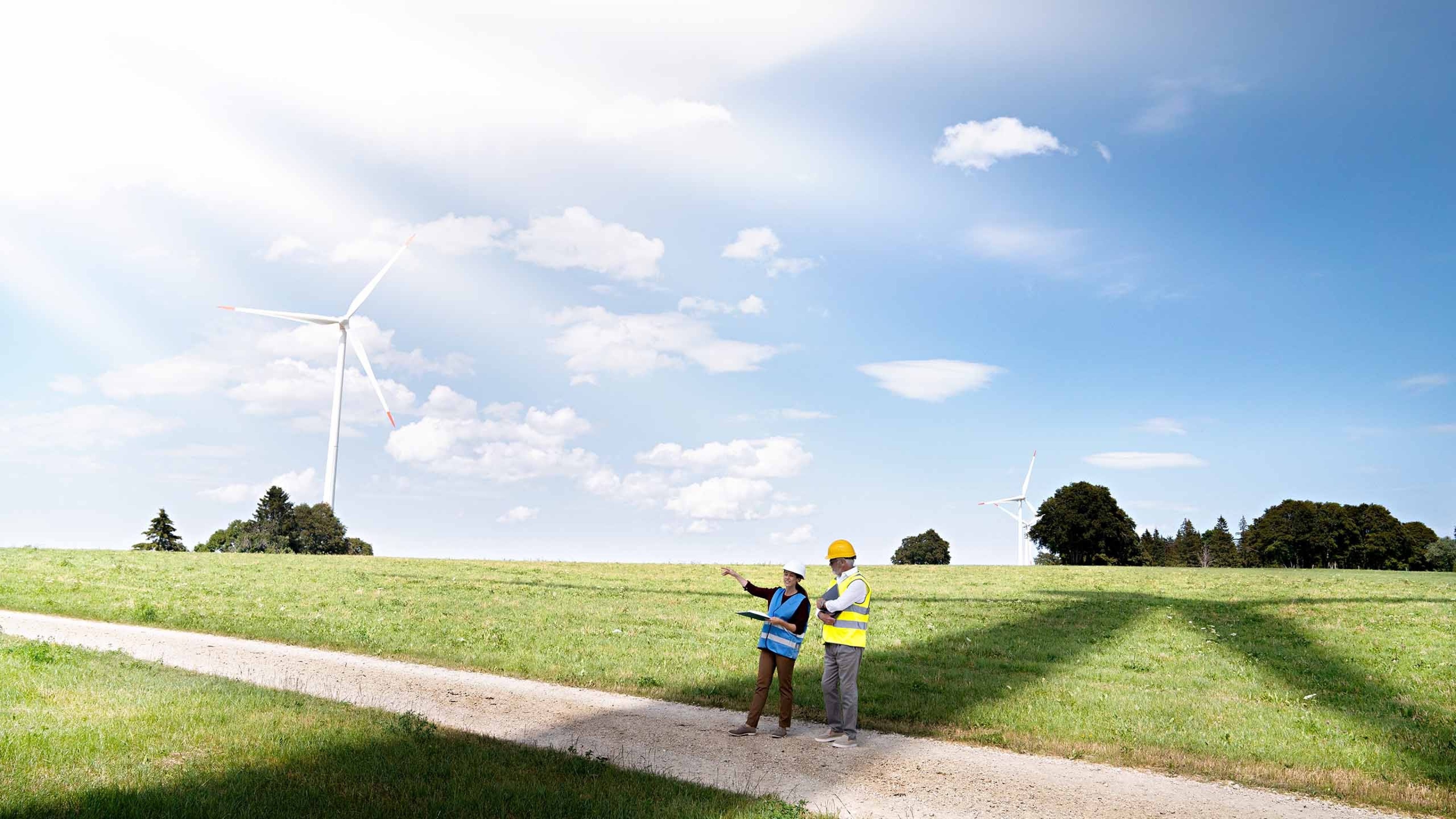 A field where two people wearing high-visibility vests and helmets are planning the new wind wheels.