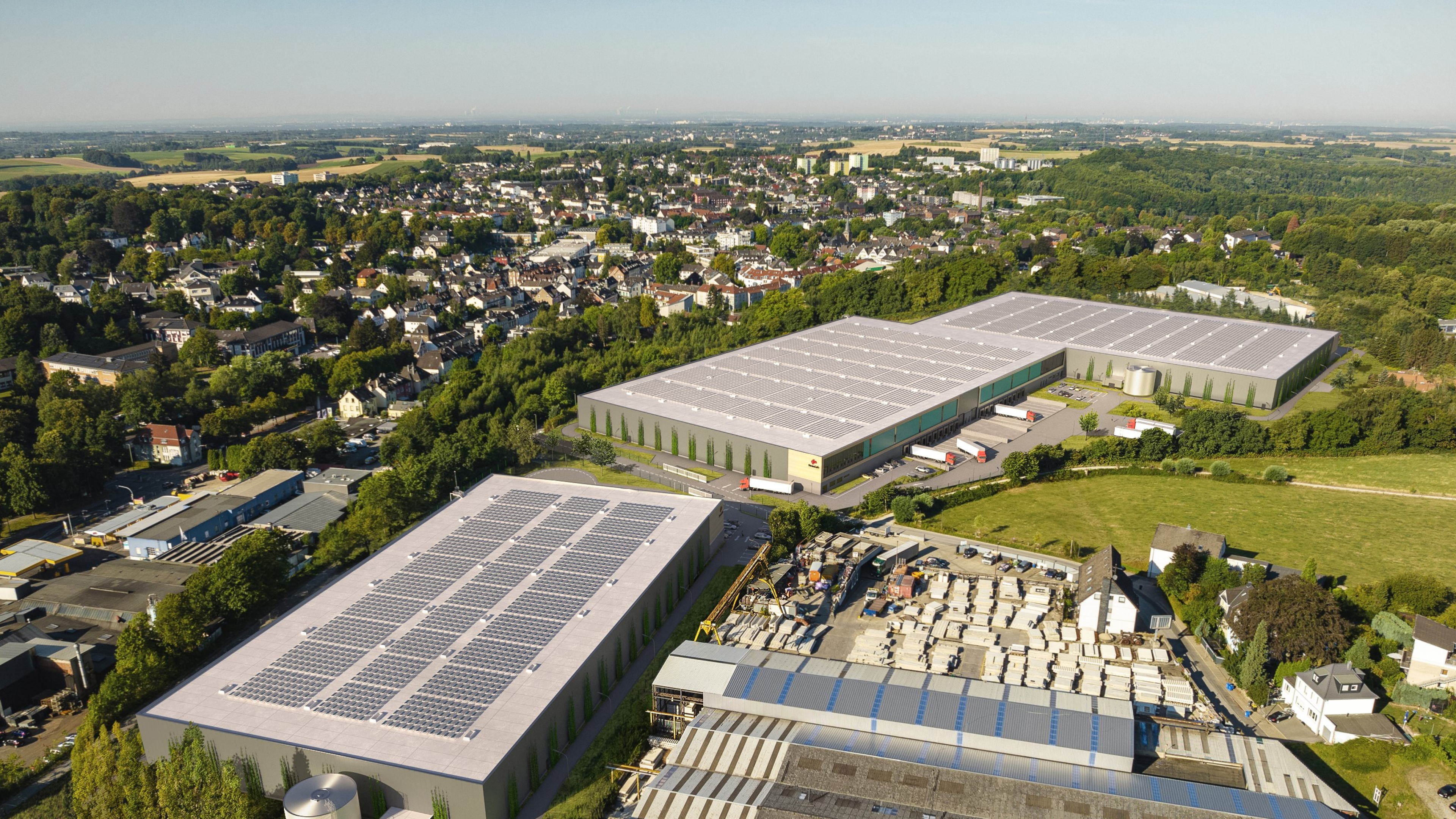 Vogelperspektive der geplanten Gewerbe- und Logistikhallen in Wülfrath bei Düsseldorf
