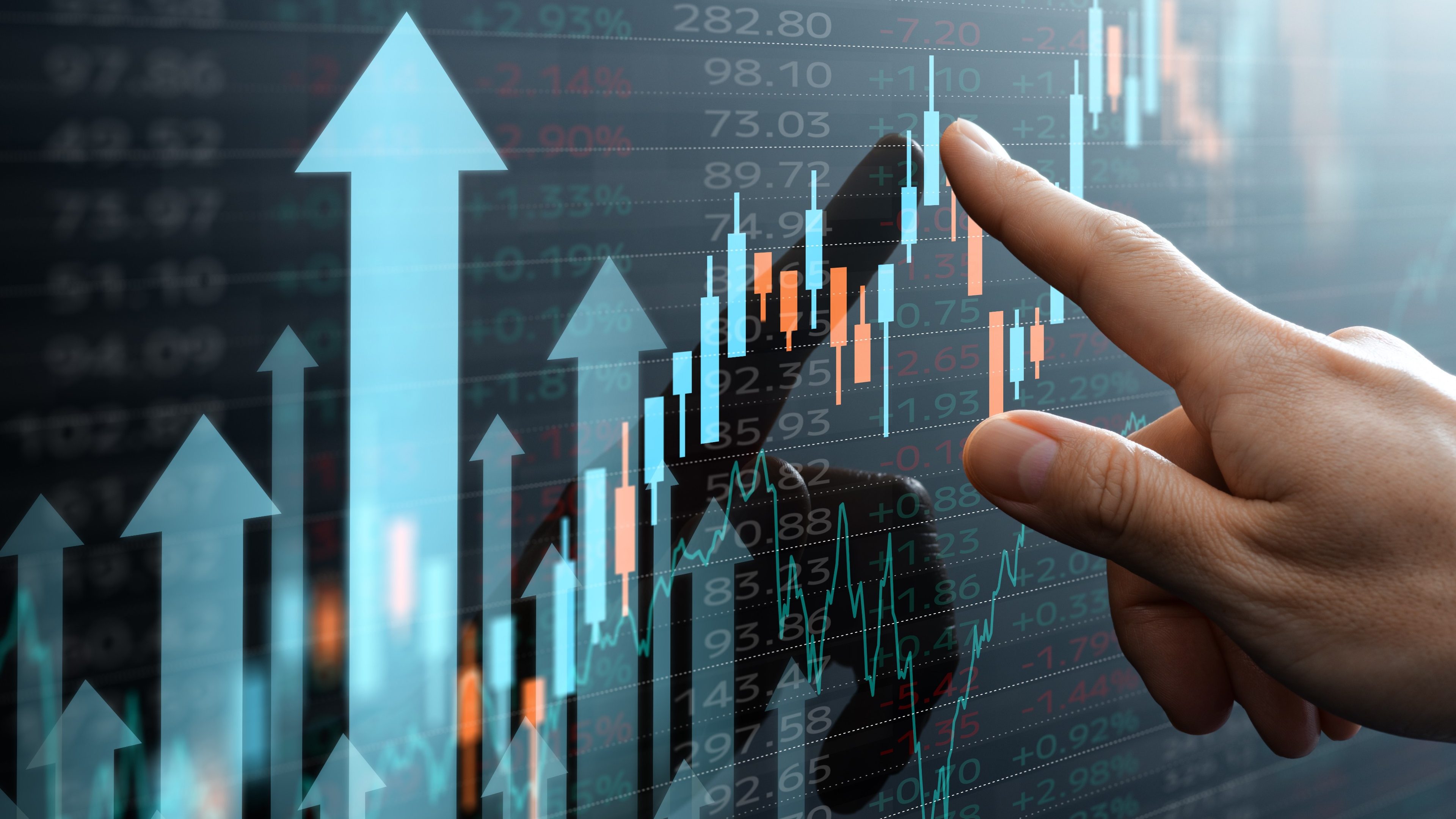 Increasing in stock prices. Stock market data. Analyst pointing candlestick chart. Many up arrows.