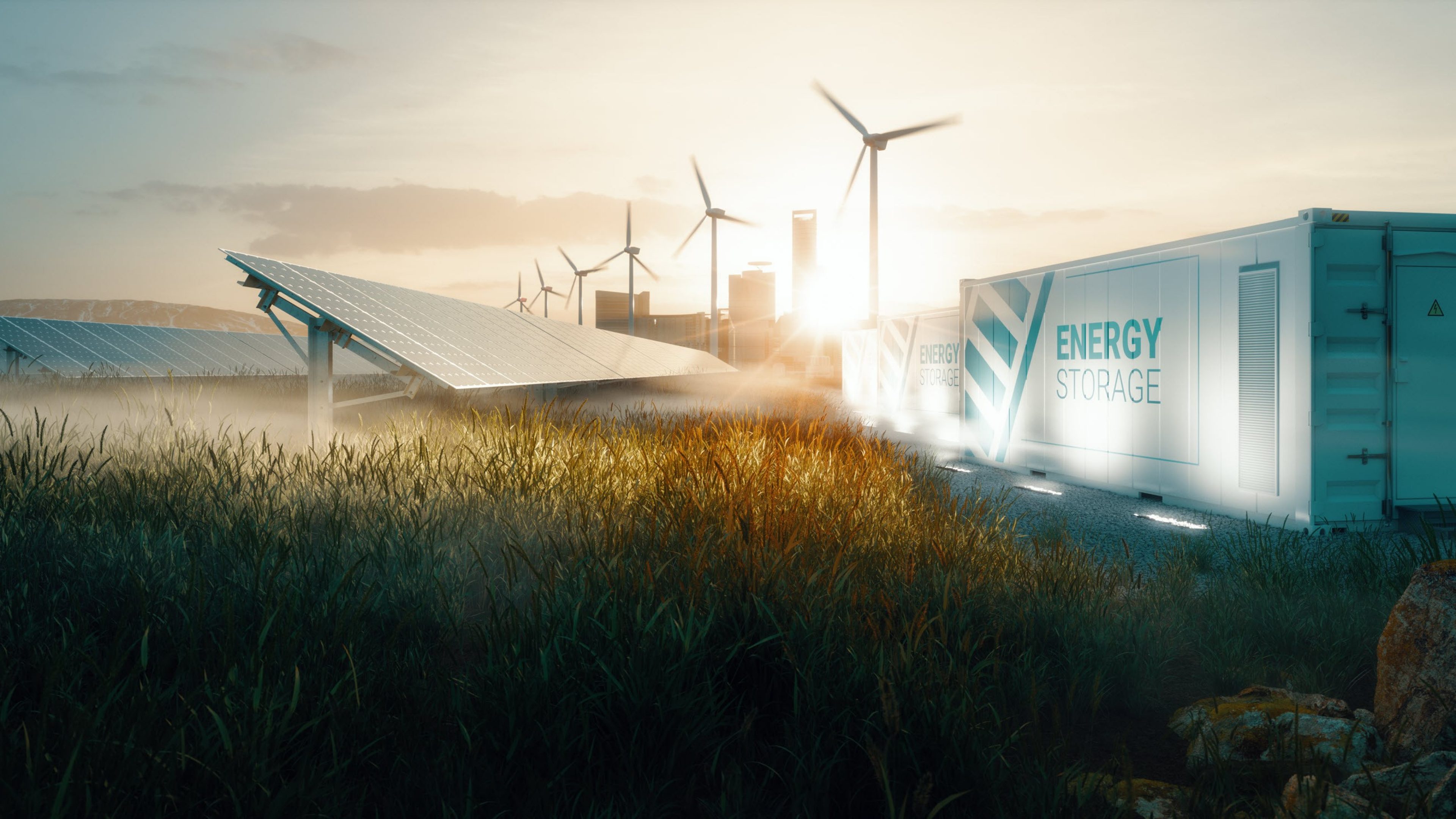 Smart grid renewable energy system solution for future smart cities at sunset. 3d rendering