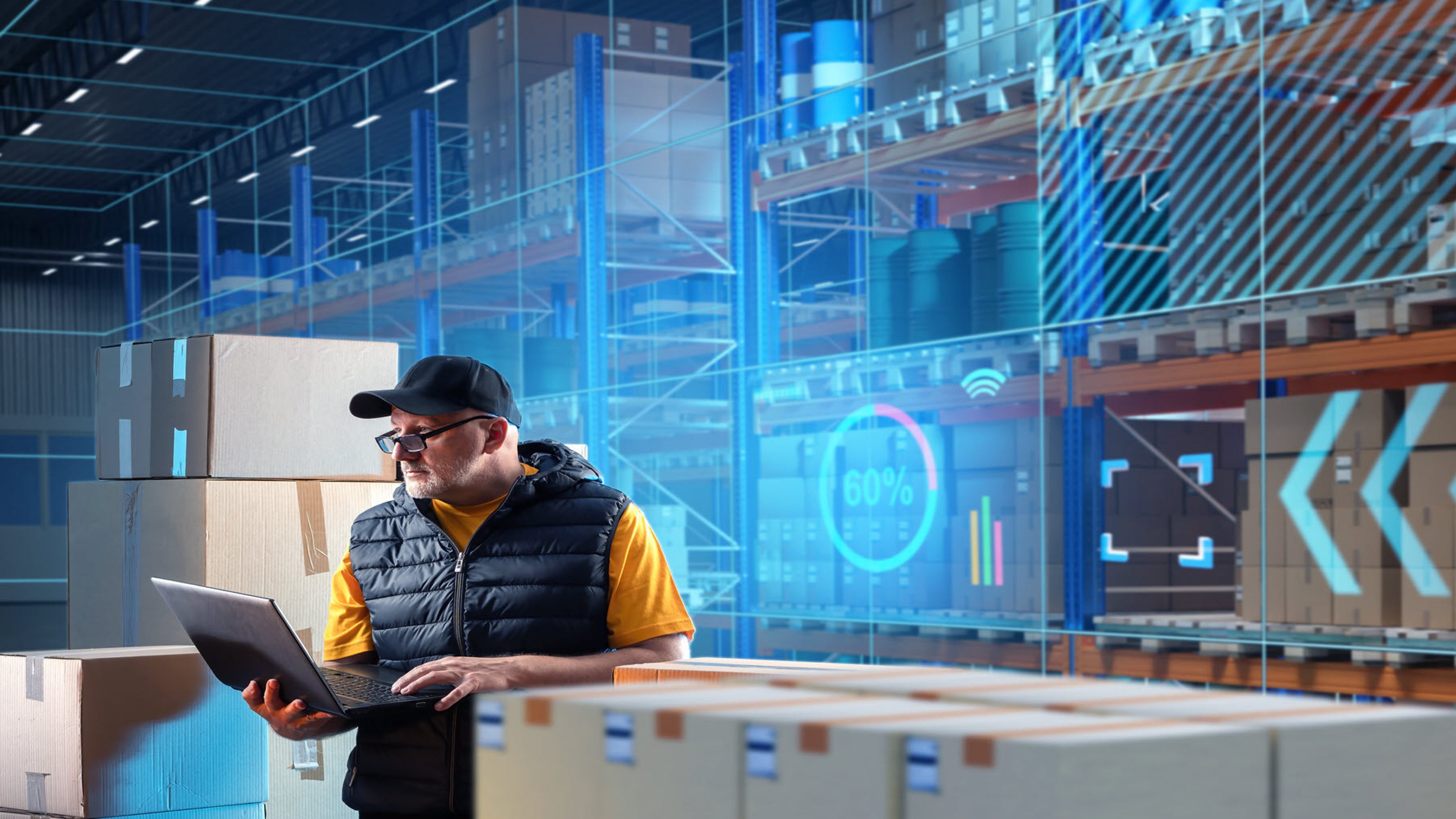 A man in a logistics warehouse.