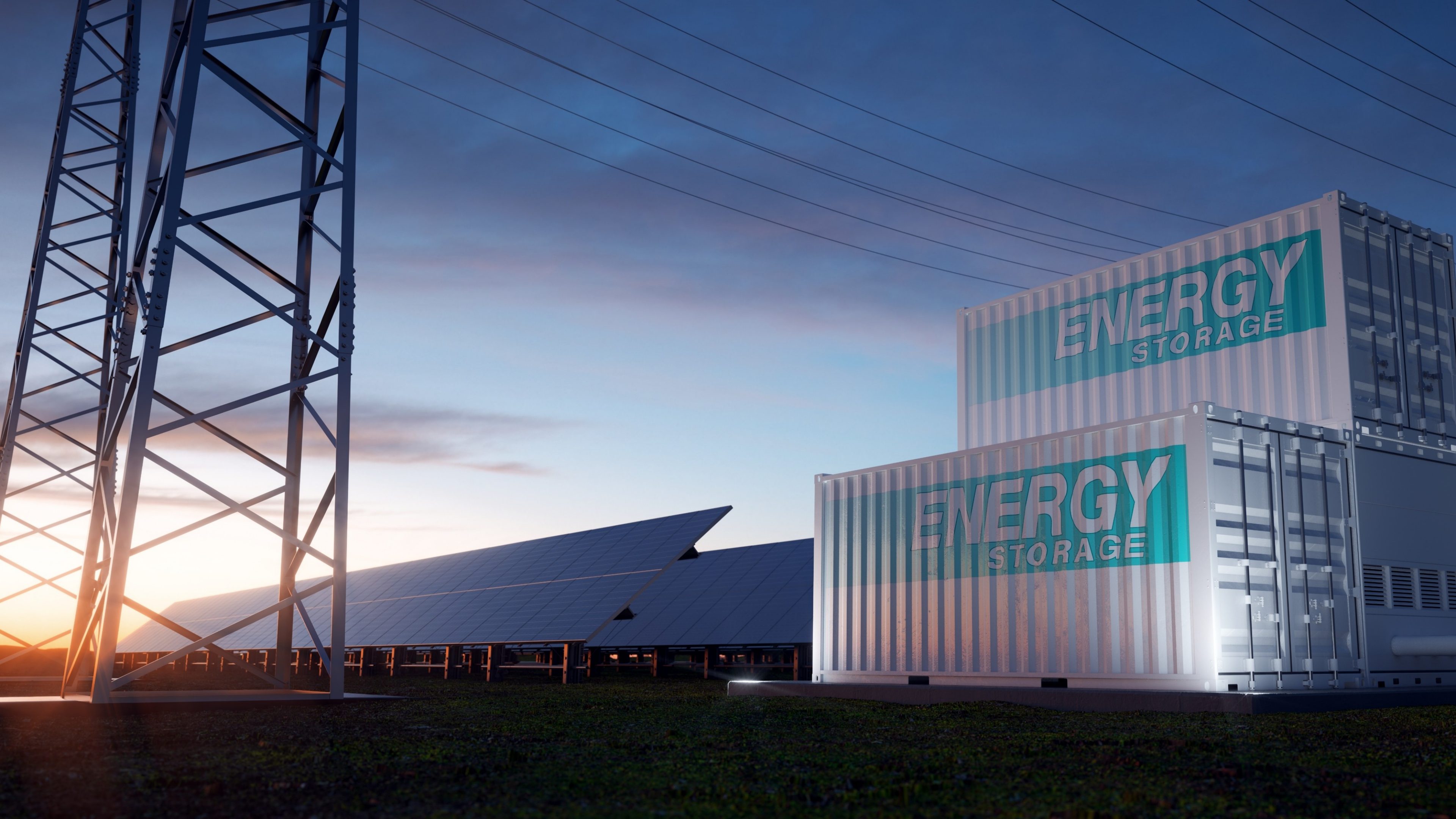 Energy storage containers. Solar panels at sunset. 