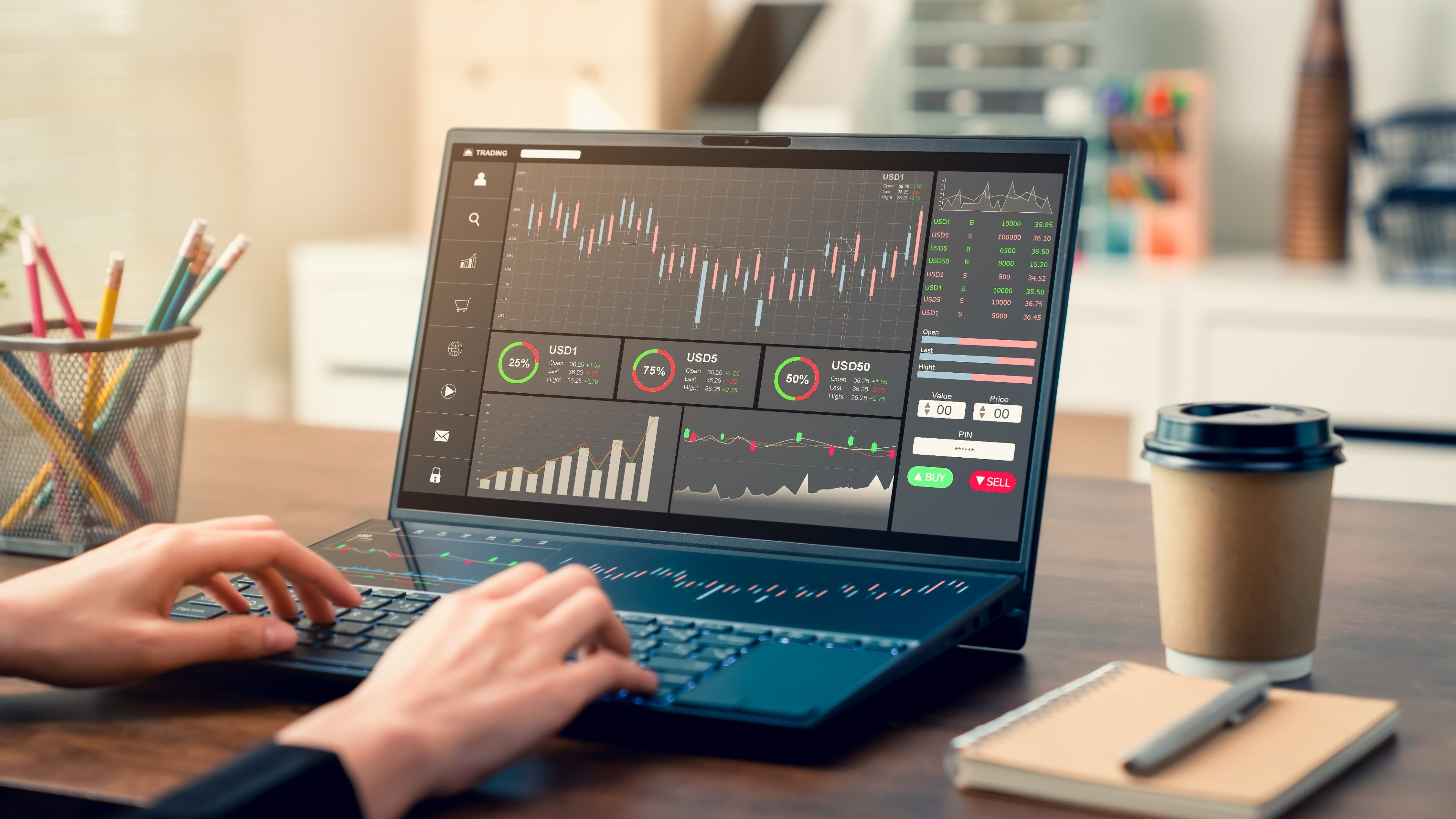 Stock exchange market concept, business people trader looking computer with graphs analysis candle line on table in office, diagrams on screen.