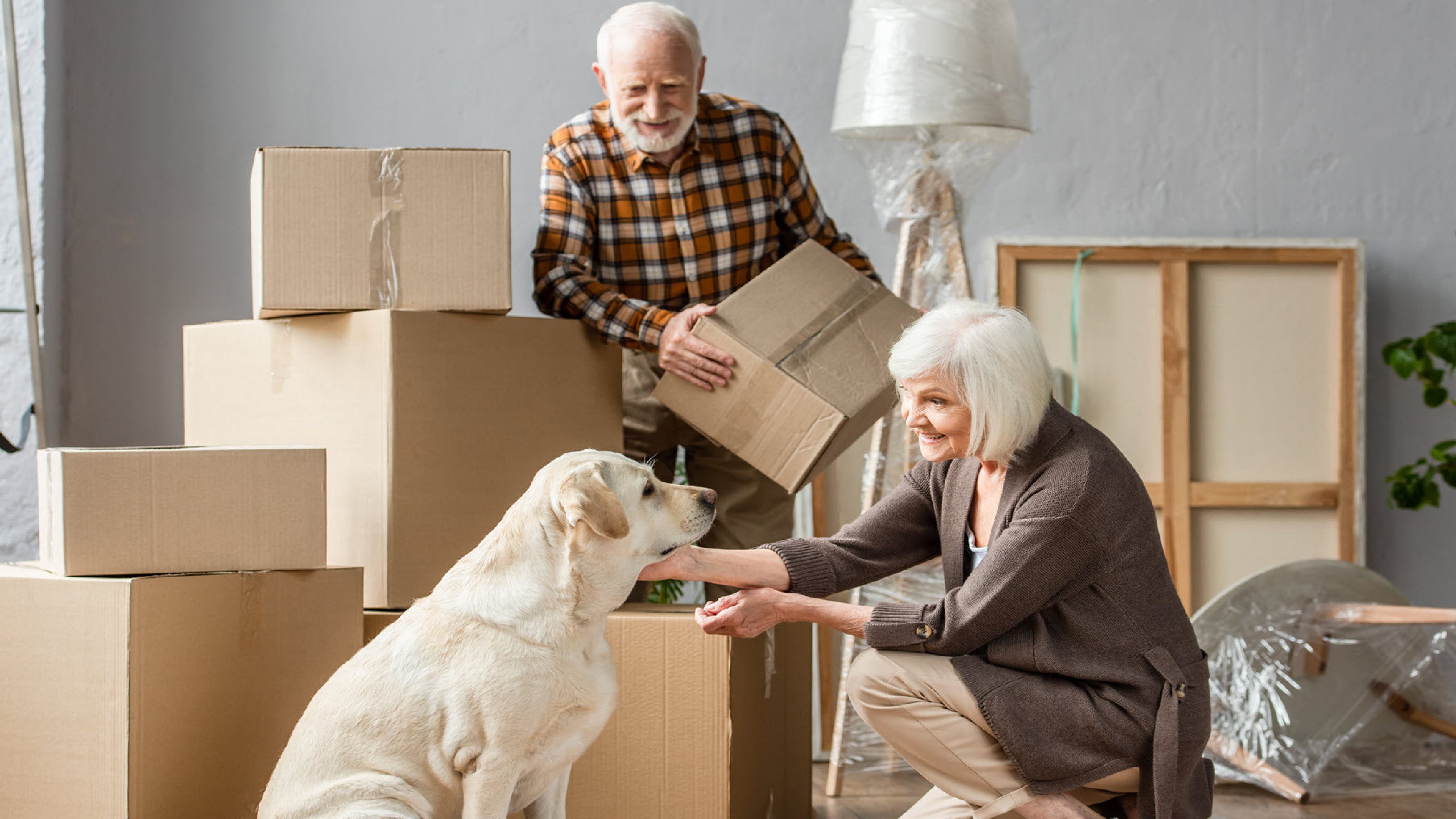 Un couple âgé avec des cartons de déménagement.