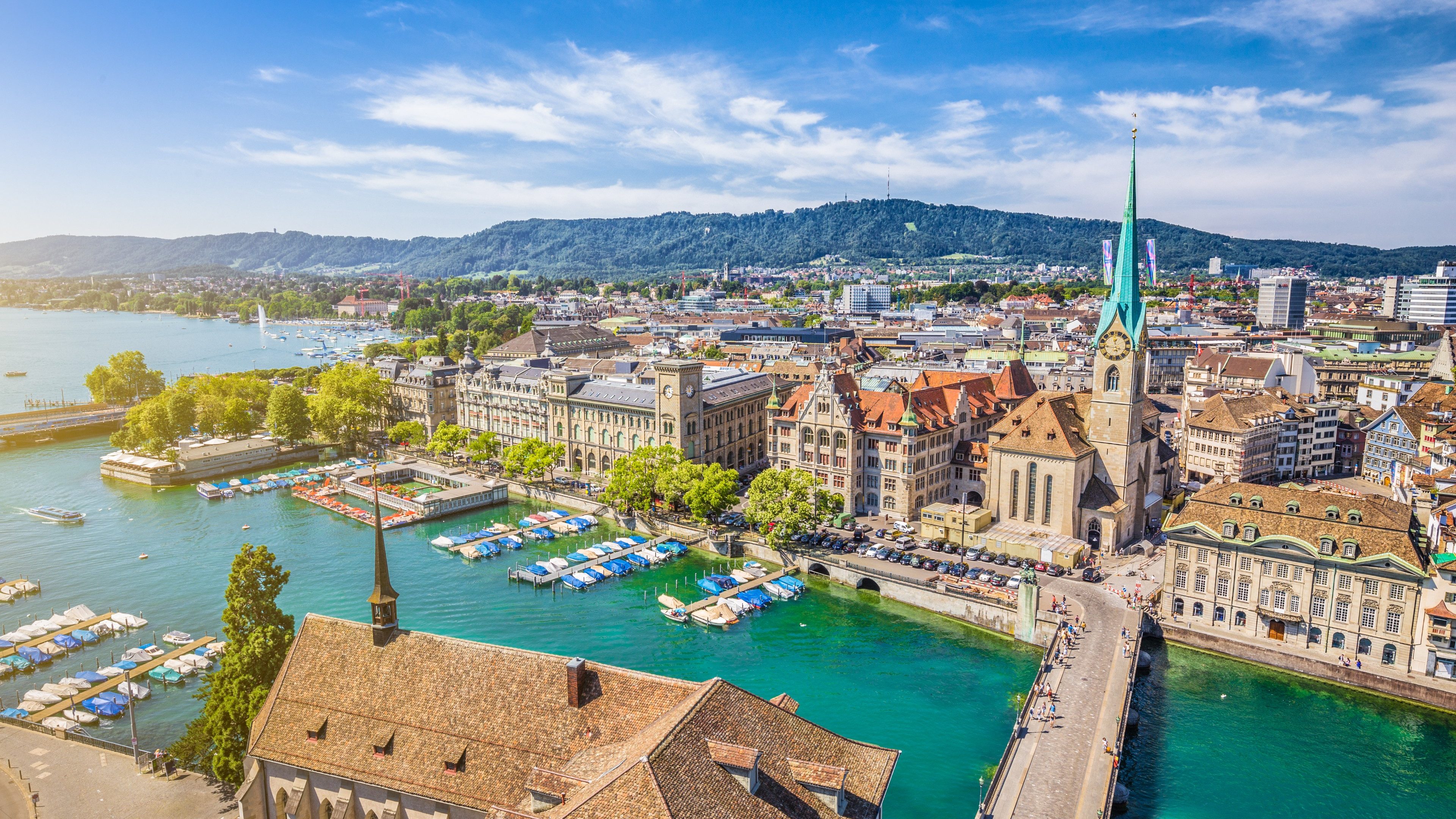 Aerial view of Zurich city center with famous Fraumunster Church and river Limmat at Lake Zurich from Grossmunster Church, Canton of Zurich, Switzerland